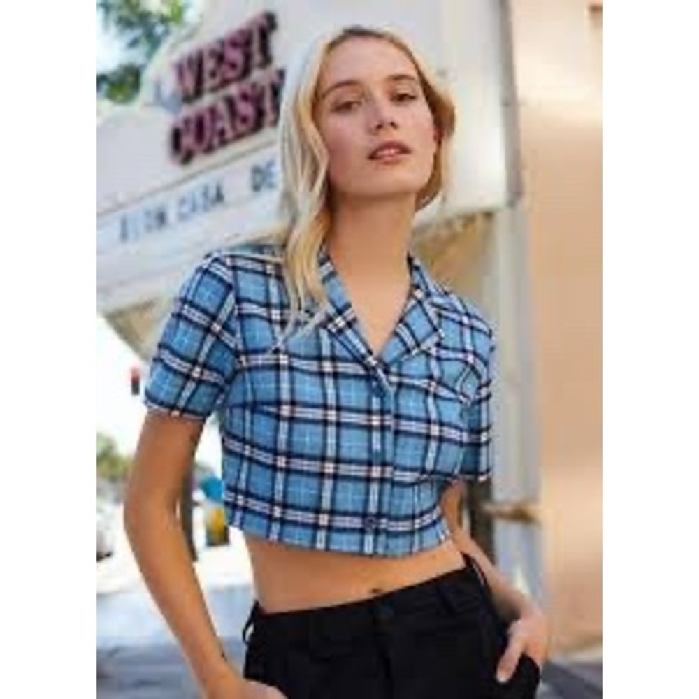 J. Galt Blue Plaid Cropped Button Up Top 90s Y2K Preppy Cher Clueless Grunge